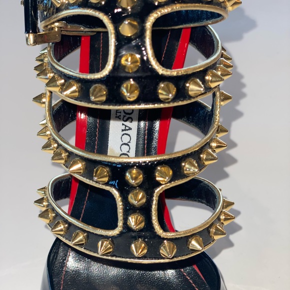 Francesco Sacco Black Patent w/Gold Studs & Red Trim, Ankle Strap, Sz 7.5, Italy - Picture 7 of 15